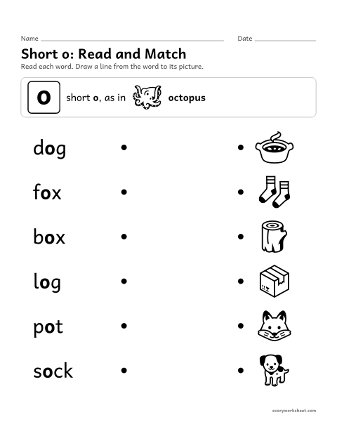 Preview of the printable “Short o Words: read and match” worksheet: reading short o words and matching them to pictures