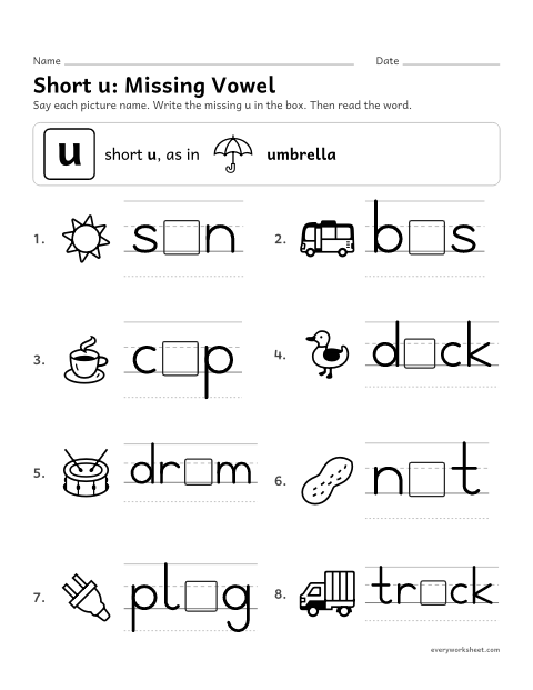 Preview of the printable “Short u: write the missing vowel” worksheet: writing the short vowel in picture words