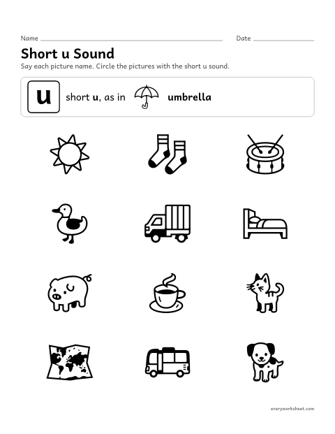 Preview of the printable “Short u Sound: circle the pictures” worksheet: hearing the short u sound in picture names