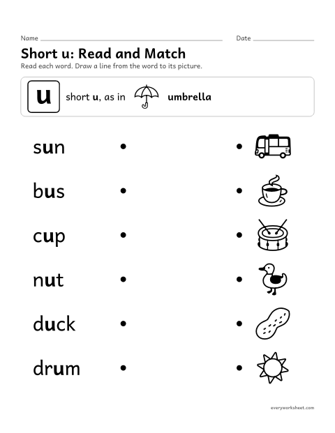 Preview of the printable “Short u Words: read and match” worksheet: reading short u words and matching them to pictures