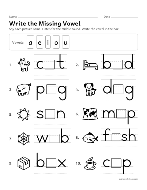 Preview of the printable “Write the missing vowel” worksheet: writing the short vowel in picture words