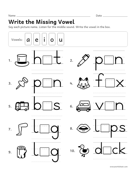 Preview of the printable “Write the missing vowel 2” worksheet: writing the short vowel in picture words