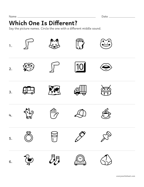 Preview of the printable “Short vowel Sounds: which one is Different? 2” worksheet: hearing which picture name has a different short vowel sound