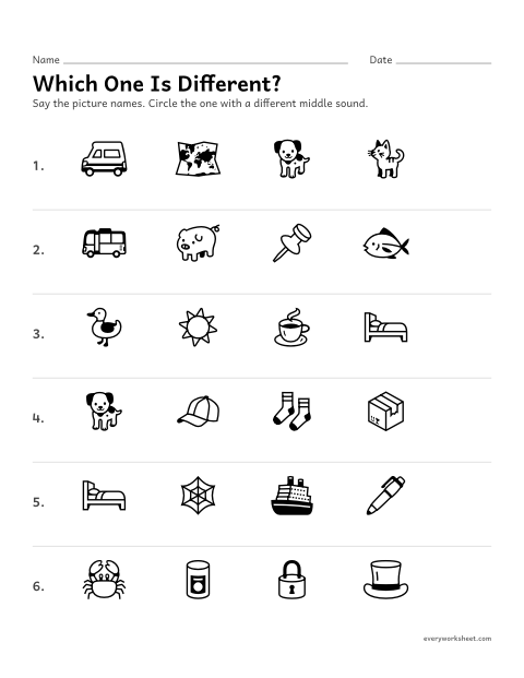 Preview of the printable “Short vowel Sounds: which one is Different?” worksheet: hearing which picture name has a different short vowel sound