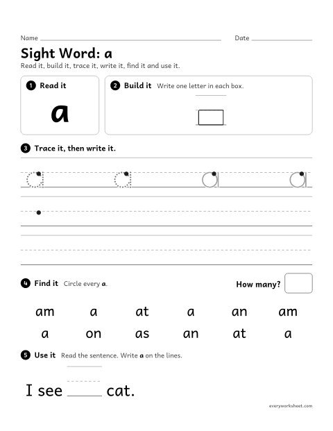 Preview of the printable “Sight Word: a” worksheet: reading and writing the sight word "a"