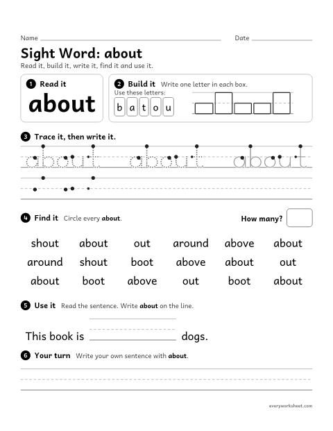Preview of the printable “2nd grade sight Word: about” worksheet: reading, building, writing and finding the sight word "about"