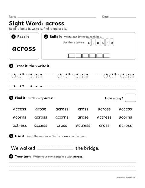 Preview of the printable “3rd grade sight Word: across” worksheet: reading, spelling, writing and finding the sight word "across"