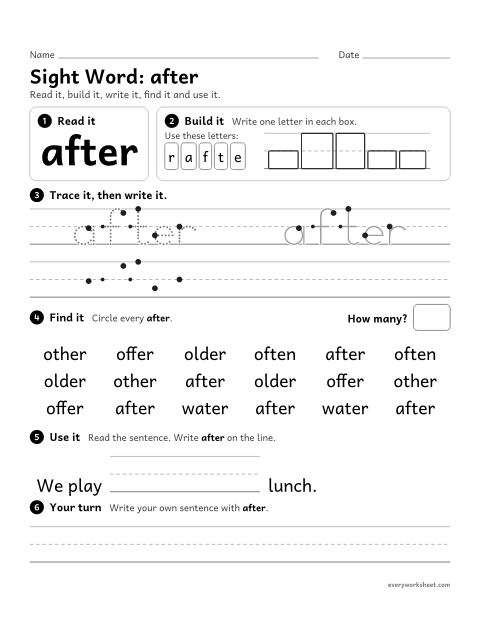 Preview of the printable “1st grade sight Word: after” worksheet: reading, building, writing and finding the sight word "after"