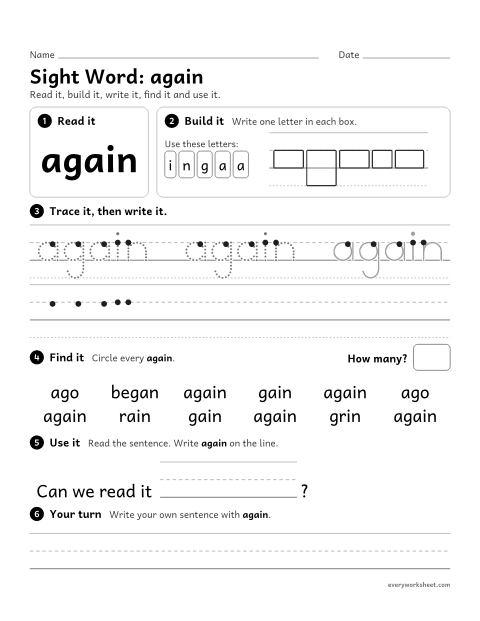 Preview of the printable “1st grade sight Word: again” worksheet: reading, building, writing and finding the sight word "again"