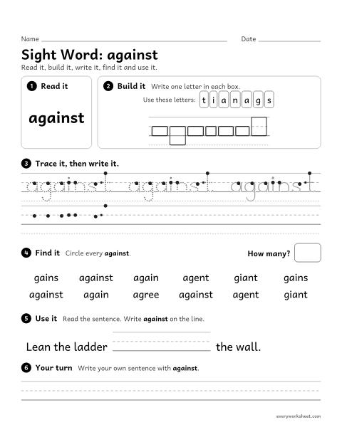 Preview of the printable “3rd grade sight Word: against” worksheet: reading, spelling, writing and finding the sight word "against"