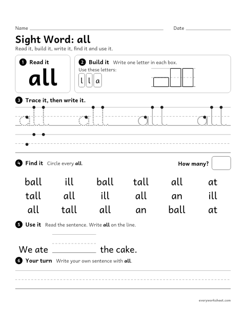 Preview of the printable “1st grade sight Word: all” worksheet: reading, building, writing and finding the sight word "all"