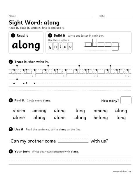 Preview of the printable “3rd grade sight Word: along” worksheet: reading, spelling, writing and finding the sight word "along"