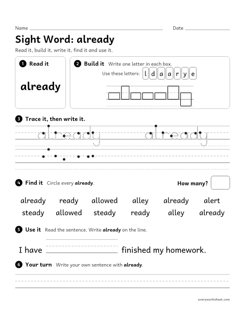 Preview of the printable “3rd grade sight Word: already” worksheet: reading, spelling, writing and finding the sight word "already"