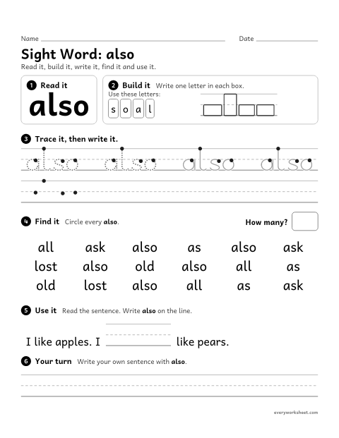 Preview of the printable “2nd grade sight Word: also” worksheet: reading, building, writing and finding the sight word "also"