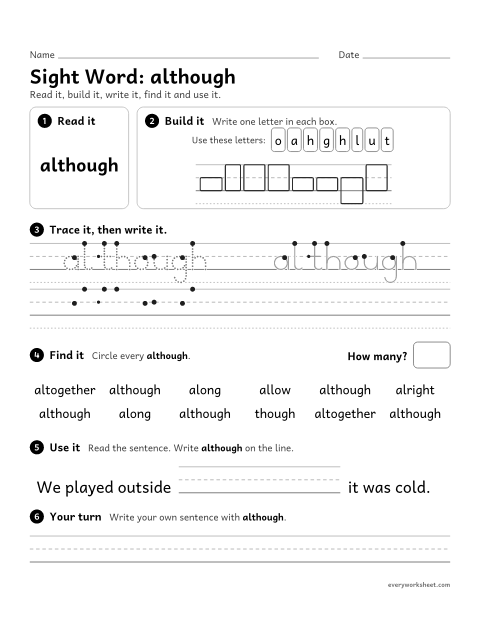 Preview of the printable “3rd grade sight Word: although” worksheet: reading, spelling, writing and finding the sight word "although"