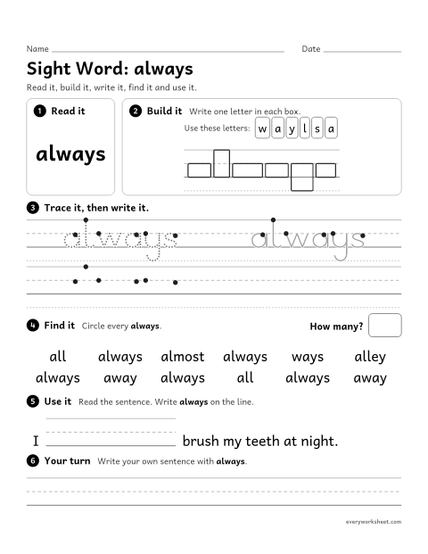 Preview of the printable “2nd grade sight Word: always” worksheet: reading, building, writing and finding the sight word "always"