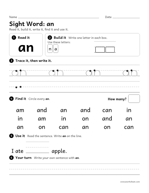Preview of the printable “1st grade sight Word: an” worksheet: reading, building, writing and finding the sight word "an"