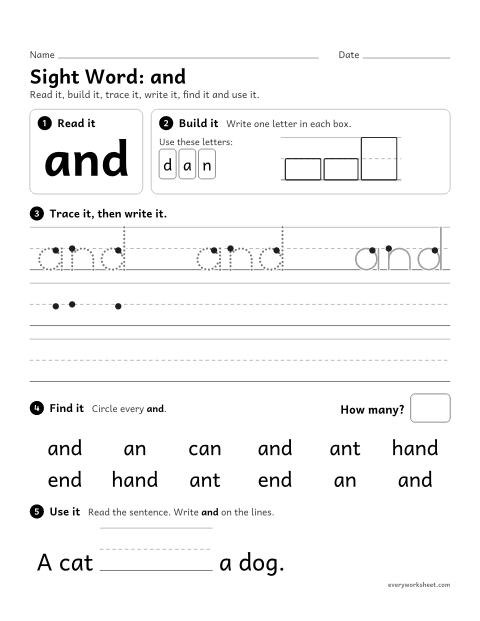 Preview of the printable “Sight Word: and” worksheet: reading and writing the sight word "and"