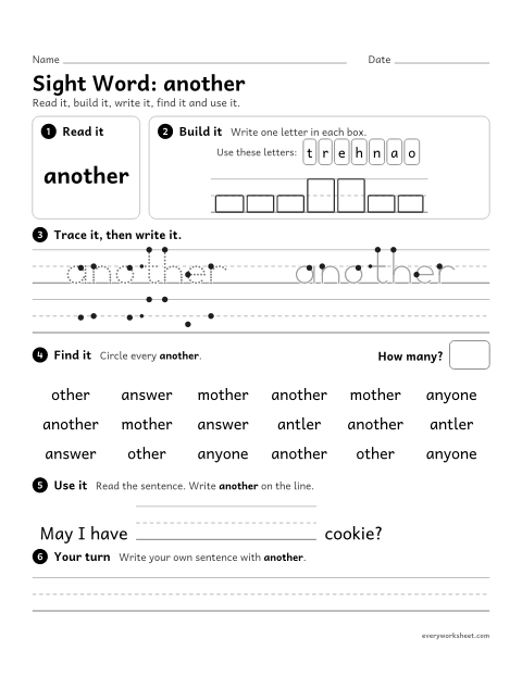 Preview of the printable “2nd grade sight Word: another” worksheet: reading, building, writing and finding the sight word "another"