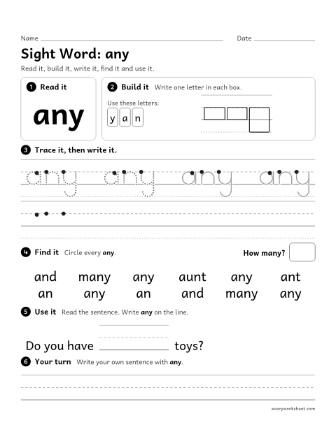 Preview of the printable “1st grade sight Word: any” worksheet: reading, building, writing and finding the sight word "any"