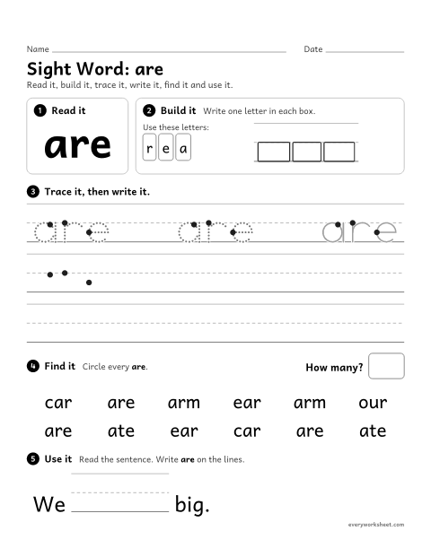 Preview of the printable “Sight Word: are” worksheet: reading and writing the sight word "are"