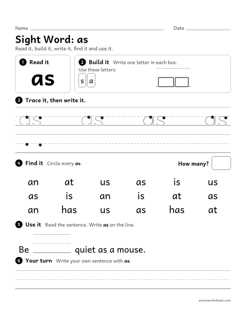 Preview of the printable “1st grade sight Word: as” worksheet: reading, building, writing and finding the sight word "as"
