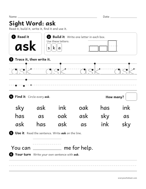 Preview of the printable “1st grade sight Word: ask” worksheet: reading, building, writing and finding the sight word "ask"
