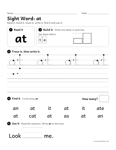 Preview of the printable “Sight Word: at” worksheet: reading and writing the sight word "at"