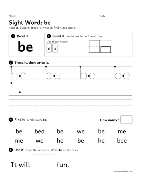Preview of the printable “Sight Word: be” worksheet: reading and writing the sight word "be"