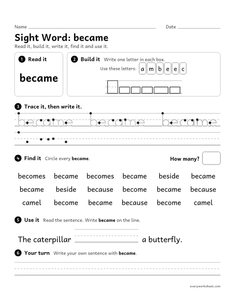 Preview of the printable “3rd grade sight Word: became” worksheet: reading, spelling, writing and finding the sight word "became"