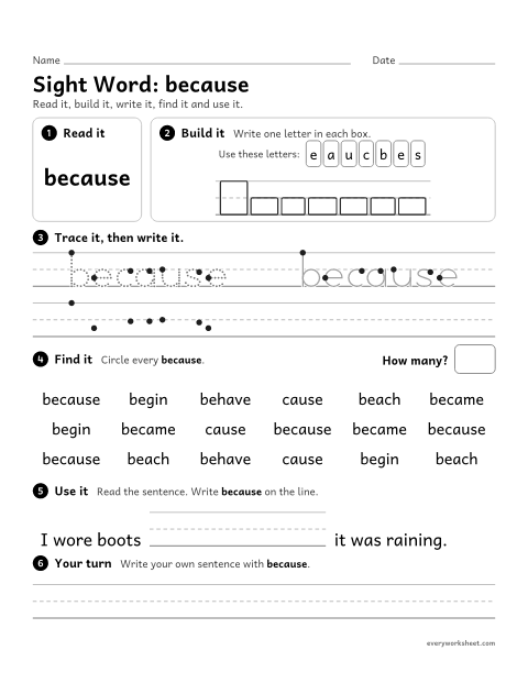 Preview of the printable “2nd grade sight Word: because” worksheet: reading, building, writing and finding the sight word "because"