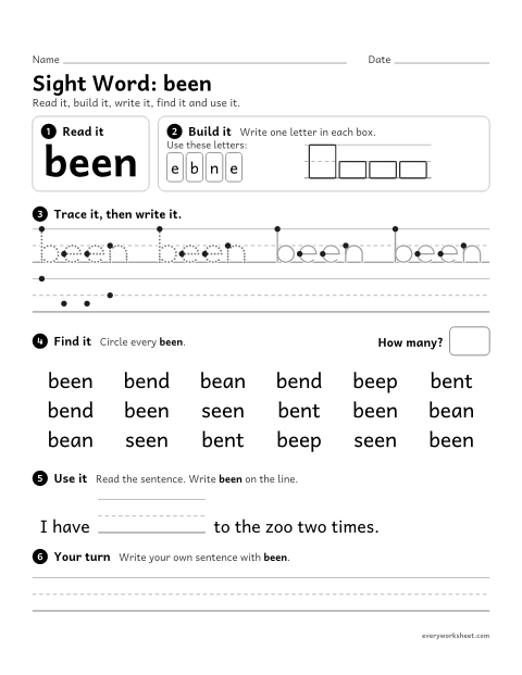 Preview of the printable “2nd grade sight Word: been” worksheet: reading, building, writing and finding the sight word "been"