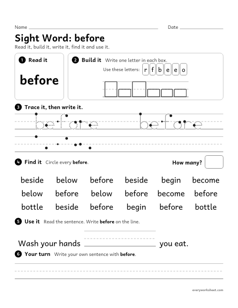 Preview of the printable “2nd grade sight Word: before” worksheet: reading, building, writing and finding the sight word "before"