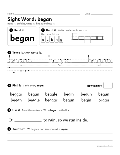 Preview of the printable “3rd grade sight Word: began” worksheet: reading, spelling, writing and finding the sight word "began"