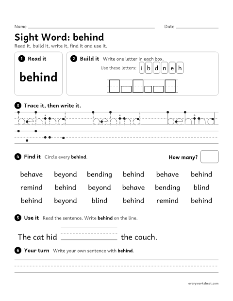Preview of the printable “3rd grade sight Word: behind” worksheet: reading, spelling, writing and finding the sight word "behind"