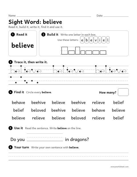 Preview of the printable “3rd grade sight Word: believe” worksheet: reading, spelling, writing and finding the sight word "believe"