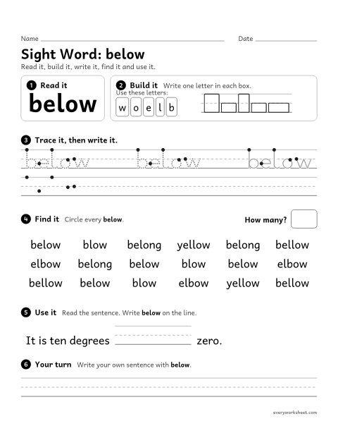 Preview of the printable “3rd grade sight Word: below” worksheet: reading, spelling, writing and finding the sight word "below"