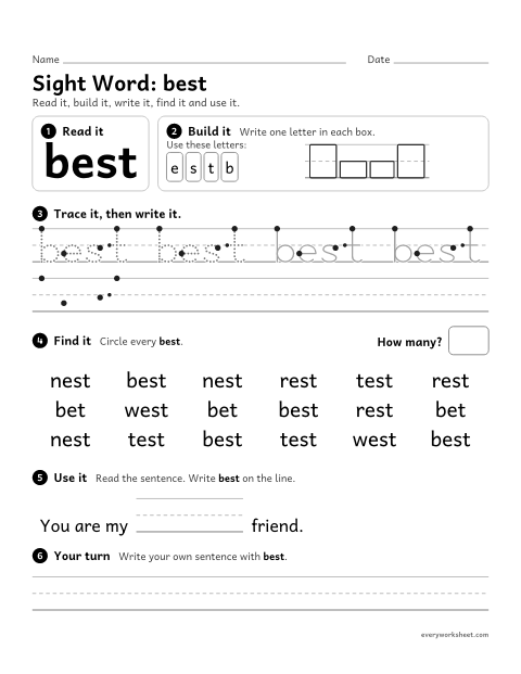 Preview of the printable “2nd grade sight Word: best” worksheet: reading, building, writing and finding the sight word "best"