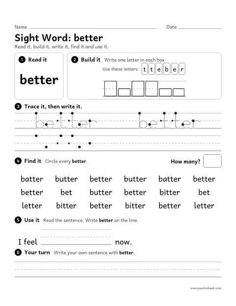 Preview of the printable “2nd grade sight Word: better” worksheet: reading, building, writing and finding the sight word "better"