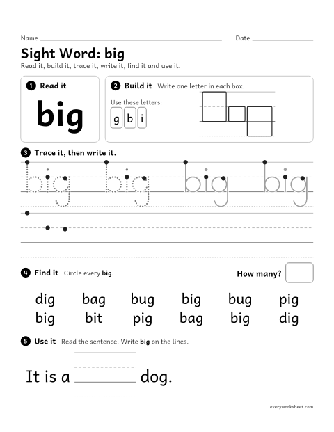 Preview of the printable “Sight Word: big” worksheet: reading and writing the sight word "big"