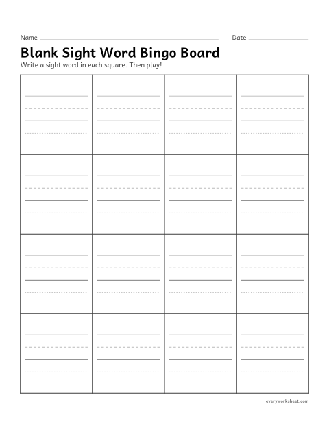 Preview of the printable “Blank sight word bingo board” worksheet: writing sight words to make a bingo board