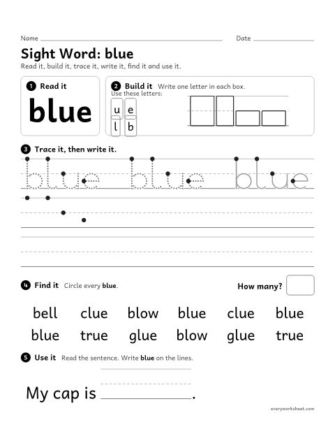 Preview of the printable “Sight Word: blue” worksheet: reading and writing the sight word "blue"