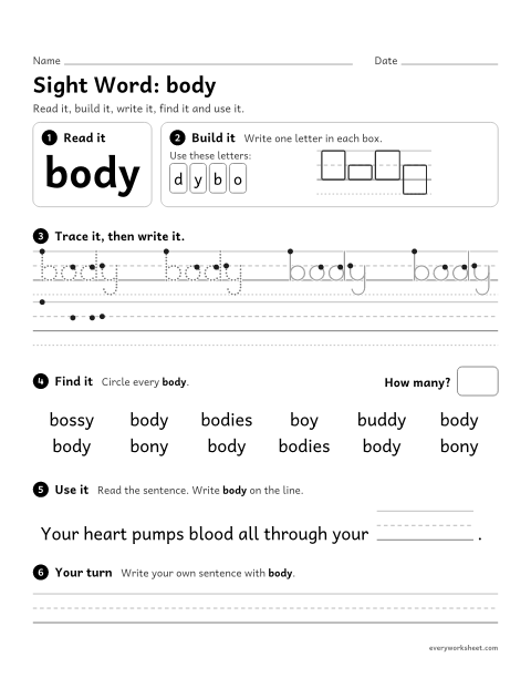 Preview of the printable “3rd grade sight Word: body” worksheet: reading, spelling, writing and finding the sight word "body"