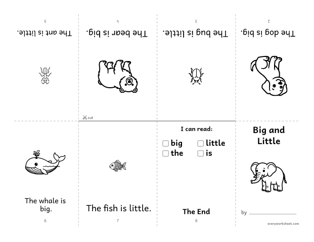 Preview of the printable “Sight word Book: big and little” worksheet: reading a foldable mini book with the sight words big, little, the, is