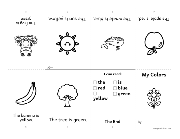 Preview of the printable “Sight word Book: my colors” worksheet: reading a foldable mini book with the sight words the, is, red, blue, yellow, green