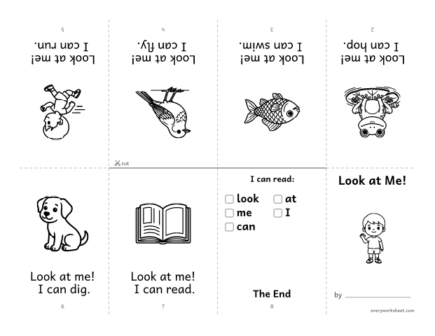 Preview of the printable “Sight word Book: look at Me!” worksheet: reading a foldable mini book with the sight words look, at, me, I, can