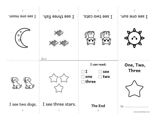 Preview of the printable “Sight word Book: One, Two, three” worksheet: reading a foldable mini book with the sight words I, see, one, two, three
