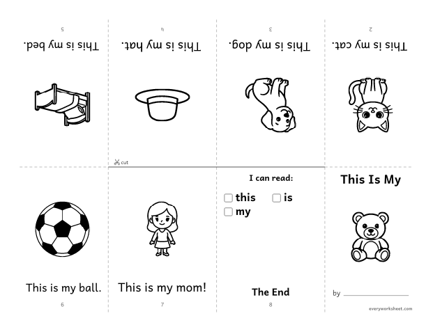 Preview of the printable “Sight word Book: this is my” worksheet: reading a foldable mini book with the sight words this, is, my