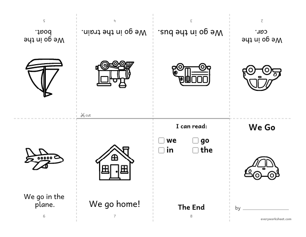 Preview of the printable “Sight word Book: we go” worksheet: reading a foldable mini book with the sight words we, go, in, the