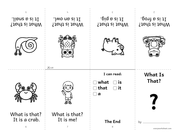Preview of the printable “Sight word Book: what is That?” worksheet: reading a foldable mini book with the sight words what, is, that, it, a
